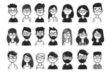 Canvas Print - Black cartoon hand drawn characters for avatar collection isolated on white background. Simple shapes and lines people for mobile game or app interface