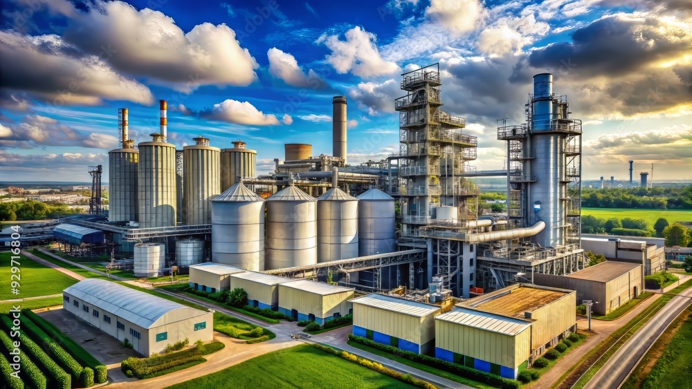 Large industrial plant with towering silos and network of pipes ...