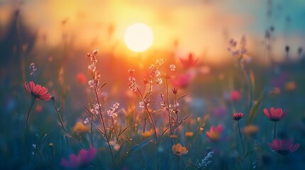 Wall Mural - art wild flowers in a meadow at sunset macro image shallow depth of field abstract august summer nature background