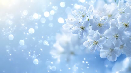 Banner with white spring flowers on luminous light blue background. Tender white blooms with sparkling blue bokeh, spring floral design. Soft focus on white flowers, light blue shimmering backdrop
