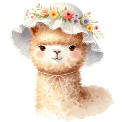 Adorable watercolor illustration of a cute alpaca wearing a floral hat, perfect for nursery decoration and children's art.