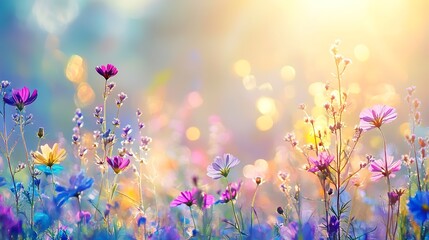 Sticker - Colorful flower meadow with sunbeams and bokeh lights in summer - nature background banner with copy space - summer greeting card wildflowers spring concept