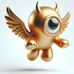 Wall Mural - a minimalist 3d gold cute monster flying, white background