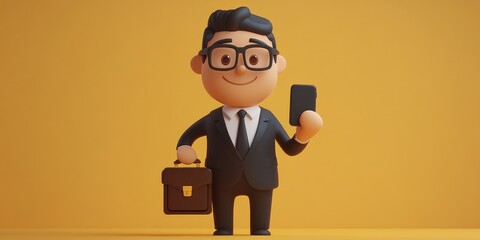 Wall Mural - 3D Cartoon Businessman with Briefcase and Smartphone