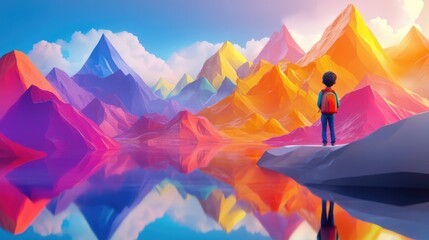 3D cartoon boy gazing at colorful mountains and a shimmering lake with reflections