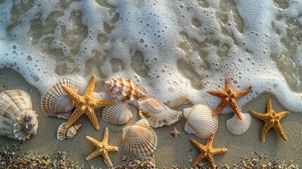 A beautiful morning scene of seashells and starfish scattered on the edge of a sandy beach and the foam of the sea crashing into waves.