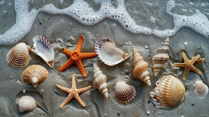 Wall Mural - A beautiful morning scene of seashells and starfish scattered on the edge of a sandy beach and the foam of the sea crashing into waves.