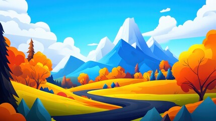 Canvas Print - Explore a stunning autumn landscape where vibrant hues blend seamlessly with majestic mountains in a whimsical style.