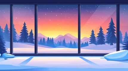 Poster - A cozy scene of frosted glass framing a white wonderland, where the gentle glow of northern lights dances in the sky.