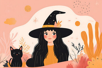 A whimsical illustration of girl wearing witch hat, accompanied by black cat, set against soft pink background. girl has cheerful expression.