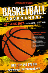 Poster - Basketball tournament poster template with ball and grungy dirty background