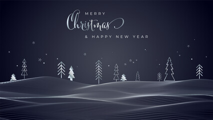 Wall Mural - Abstract stylized silver wave lines, trees and snowflakes on dark background