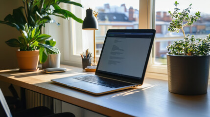 Wall Mural - A Spanish professional's desk with a laptop and stylish, clean environment