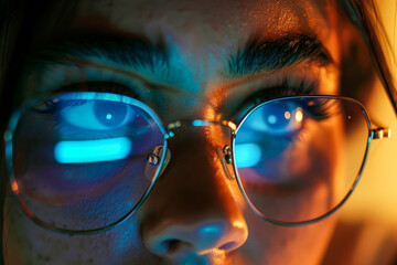 detailed photo of woman face with glasses reflecting light of display