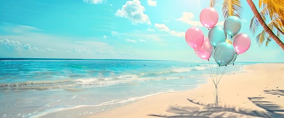 Pink and blue balloons on a tropical beach with palm tree.