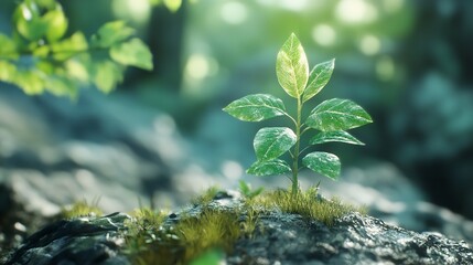 a lonely fresh small green plant, dark rainy jungle in background