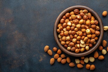 Hazelnuts and almonds in a wooden bowl on a dark background