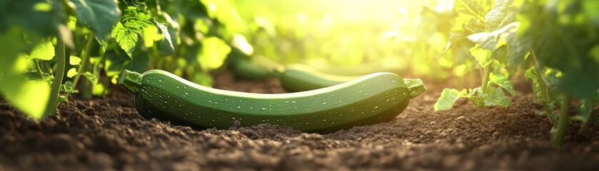 Close-up of fresh zucchini growing in a garden, with sunlight highlighting the healthy green leaves and rich soil during a bright summer day.