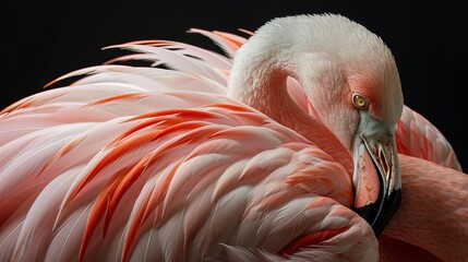 Wall Mural - Close-up of a flamingo preening, showcasing detailed feathers and an intense eye.