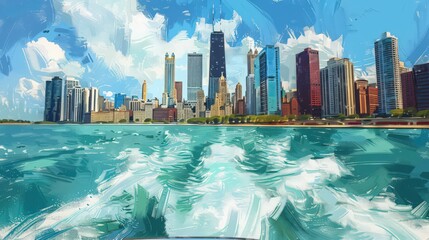 Sticker - Present the Chicago skyline from the perspective of a boat on Lake Michigan, capturing the city's coastal charm