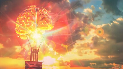 Futuristic concept of a virtual light bulb with a human brain on a German flag and sunset sky background, representing advanced technology.