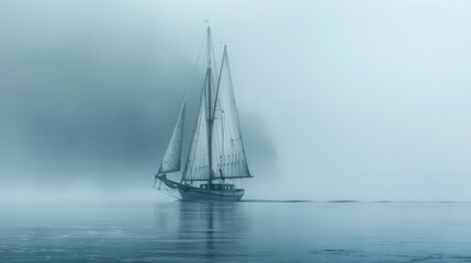 Sticker - Show a sailboat in a foggy morning, with its sails barely visible through the mist and the boat navigating cautiously through the limited visibility