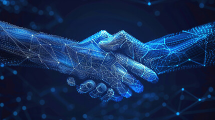 Abstract handshake on blue vector illustration or background, abstract cyber technology background, network security, partnership, investor, partner, financial, connection concept