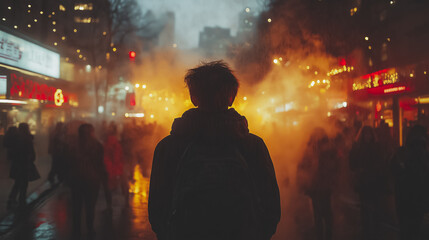 Wall Mural - A man stands in the middle of a busy city street, surrounded by a crowd of people. The scene is dark and smoky, with a sense of chaos and confusion. The man's backpack is visible