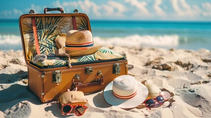 Beach Preparation - Accessories In Suitcase On Sand