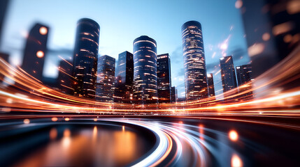 Wall Mural - Futuristic Cityscape with Blurry Lights Trails and Skyscrapers for Technology and City Life Backgrounds