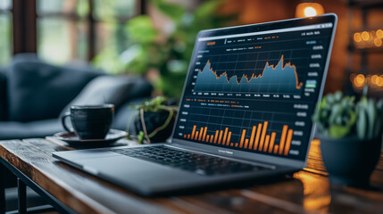 Wall Mural - A laptop is open to a screen displaying a graph of stock prices. A cup of coffee is on the table next to the laptop