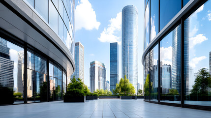 Wall Mural - Modern Cityscape with Glass Buildings and Reflecting Sky