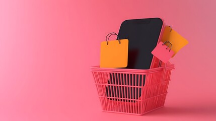 Wall Mural - Pink shopping basket with smartphone, orange and pink shopping bags on pink background.