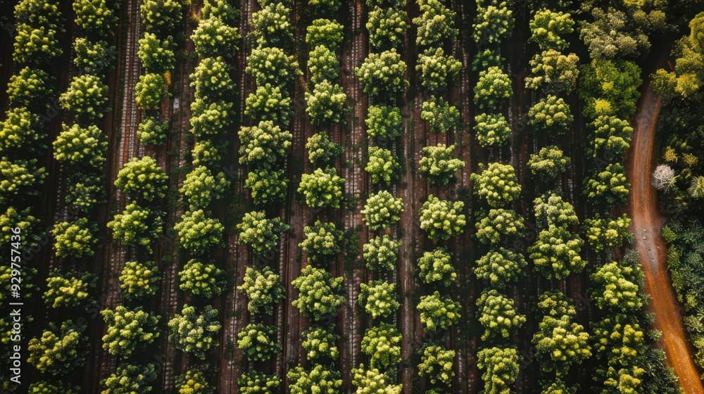 Visualize an aerial view of farmland with rows of orchards laden with ...