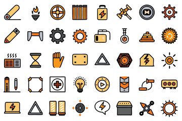 Set of industry icons with metal, steel, stainless and bra, filled with orange and grey colors.