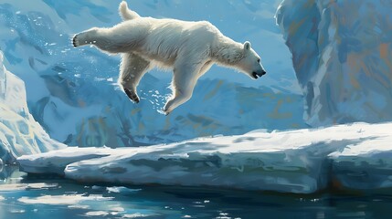 Wall Mural - polar bear leaping from a snow-covered ledge into the water.