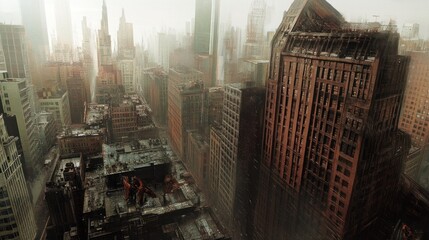 Sticker - An Aerial View of a Post-Apocalyptic City with Crumbling Buildings