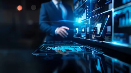 a business professional interacts with an advanced digital interface, showcasing data analysis and f