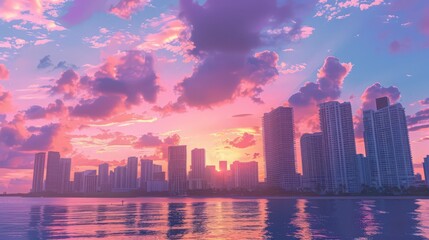 Sticker - Visualize the Miami skyline during a pastel-colored sunset, with soft hues blending seamlessly into the sky