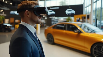 Innovative technology and virtual reality enhance experience of exploring latest car models. Businessman watches presentation of interior of new car with help of 3D virtual glasses in dealership