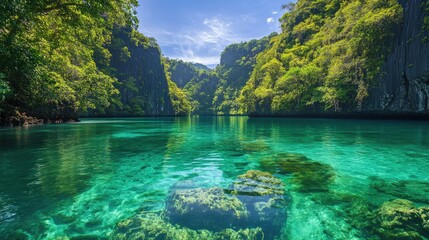 Wall Mural - A tranquil green lagoon with crystal-clear water and lush vegetation