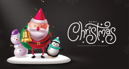 Canvas Print - Merry christmas greeting vector background design. Christmas greeting text with santa claus, snowman and penguin characters standing in podium ice new year eve black background. Vector illustration 