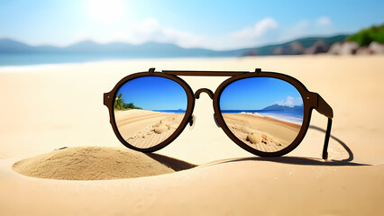 Wall Mural - realistic illustration of Sunglasses on Beach Sand