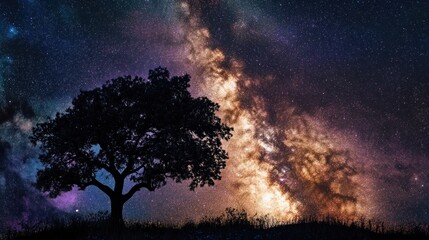 Poster - Silhouetted Tree Against a Starry Night Sky with the Milky Way Galaxy