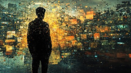 Canvas Print - Silhouette of a Person Standing Before a Glitching Cityscape