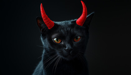 Black cat with fake red horns on black background with copy space, Halloween concept