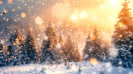 Poster - A snowy winter forest bathed in the golden glow of a setting sun, with snowflakes gently falling and creating a magical winter wonderland