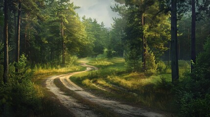 Depict two roads diverging in a forested area, with one road leading deeper into the woods and the other heading toward an open field