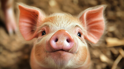 A playful piglet's wide eyes reflect curiosity as she curiously observes her surroundings within a cozy barn setting