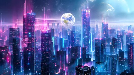 Wall Mural - cityscape with space and neon light effect. Modern hi-tech, science, futuristic technology concept. Abstract digital high tech city design for banner background